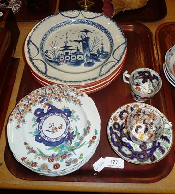 Lot 177 - Five Wedgwood botanical creamware plates, feather edged blue and white plate, spode side plates etc