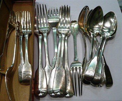 Lot 192 - Six fiddle pattern table forks, six fiddle dessert spoons and five forks, 26 ounces