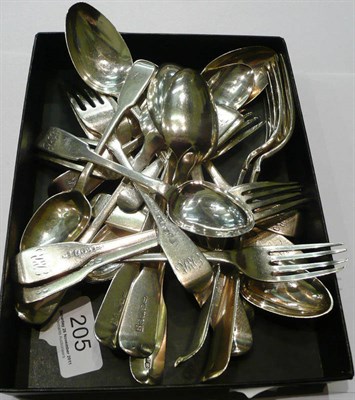 Lot 205 - Silver flatwares including six fiddle pattern dessert forks, four large fiddle pattern forks, seven