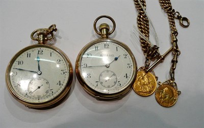 Lot 207 - A 9ct gold cased pocket watch, an Albert chain, a 1914 soldered full sovereign, a 1914 soldered...