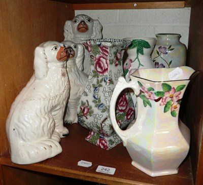 Lot 242 - Three pottery Staffordshire dogs, maling vase, Ringtons' jug, Crown Devon lustre jug and Albion...