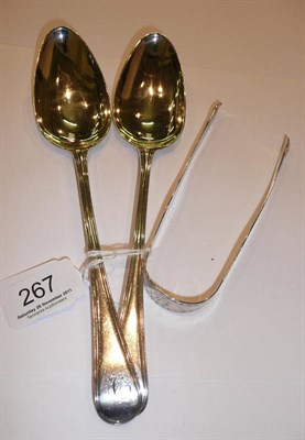 Lot 267 - Two Georgian silver spoons and pair of silver sugar nips