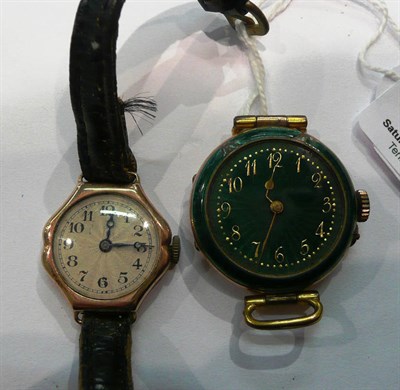 Lot 277 - A lady's green enamelled wristwatch (a.f.) and a 9ct gold lady's wristwatch (2)