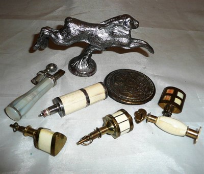 Lot 315 - Chrome hare coursing car mascot, cape brooch and lighters etc