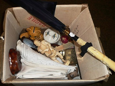 Lot 319 - A box of China, linen, a late 19th century ivory figure, fan and parasol