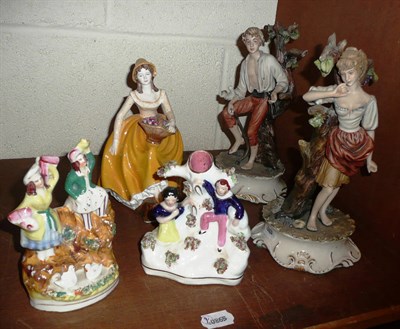 Lot 324 - Pair of Continental figures, Coalport figure 'Constance' and two Staffordshire groups