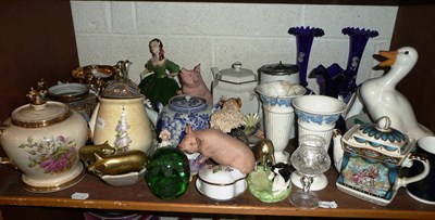 Lot 330 - Shelf including a green glass dump paperweight, decorative ceramics, glassware etc