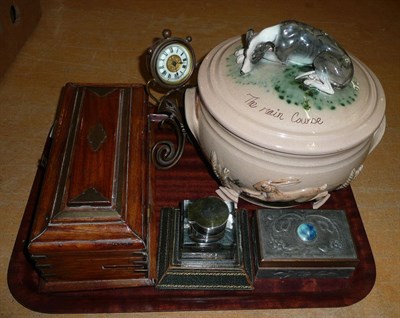 Lot 340 - An Art Nouveau strut clock, set of six Guinness buttons, silver mounted inkwell, game pie dish etc