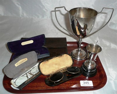 Lot 345 - Tortoiseshell spectacle case with silver gilt mounts, two plated trophy cups, sewing set, etc