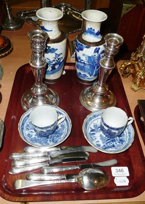 Lot 346 - A Georgian silver spoon, six dessert knives, plated candlesticks, pair of Chinese vases, cups...