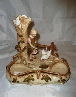 Lot 368 - Royal Dux figural spill vase and dish depicting a young girl feeding hens