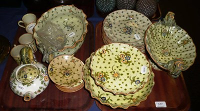 Lot 377 - Cantagalli pottery including six plates, teapot, dish, pedestal comport, two tazzas, four...