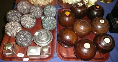 Lot 378 - Two trays of wooden bowling balls, petanque balls, pewter inkwell and others etc