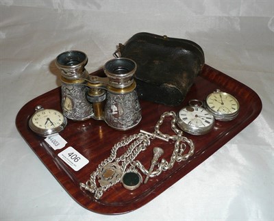 Lot 406 - Two silver pocket watches, silver watch chain, white metal chain, silver mounted cased binoculars