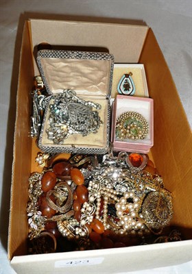 Lot 423 - Costume jewellery, silver caddy spoon, silver sugar tongs, silver spoon etc