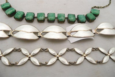 Lot 436 - Two silver and enamel bracelets, a 9ct gold and seed pearl pendant, a silver pendant and a jade...