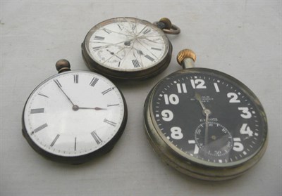 Lot 438 - A military pocket watch, the dial signed '30 hour non luminous, B.T.9973', and two silver cased...