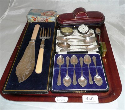 Lot 440 - A set of six silver teaspoons, a Victorian silver Christening set, two pocket watches, assorted...