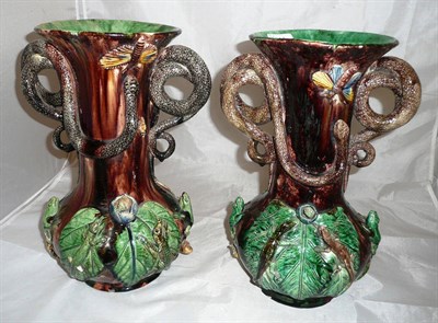 Lot 444 - A pair of Palissy-type vases by M Mafra, Caldes, Portugal