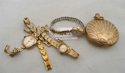 Lot 445 - Two lady's 9ct gold wristwatches and two other lady's watches and a plated pocket watch