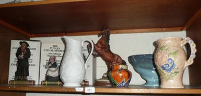 Lot 451 - An Art Deco Carlton Ware bowl, three Aynsley figures, a Maling vase, etc (a shelf)