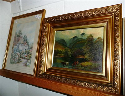 Lot 461 - Watercolour of a cottage by W Sands and an oil on canvas of cattle in a landscape 'On the Conway'