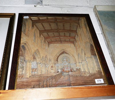 Lot 479 - Framed watercolour of a church interior, possibly Norwich