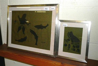 Lot 482 - Two framed Inuit woodblock prints on fabric, signed Kalvak