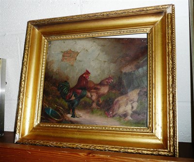 Lot 483 - Framed oil on canvas, oil of chickens by E S England