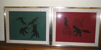 Lot 485 - Two framed Inuit wood block prints on fabric, signed Kalvak