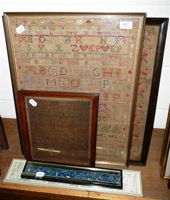 Lot 487 - Three 19th century framed samplers and three Chinese framed silks (a.f.)