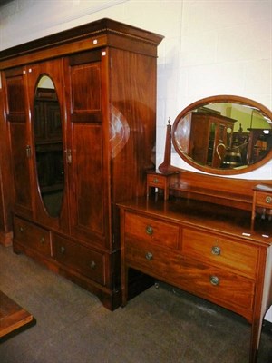 Lot 516 - Edwardian inlaid triple wardrobe and a similar dressing table