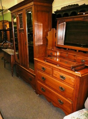 Lot 534 - Oak arts and crafts style bedroom suite with embossed copper panels and a similar marble top...