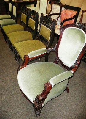 Lot 600 - Set of three salon chairs, pair of upholstered salon chairs and carved walnut open armchair (6)