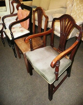 Lot 601 - Mahogany 19th century carver armchair and two splat back chairs (3)