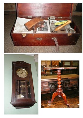 Lot 620 - Oak wall clock, a quantity of joiners tools, and a Victorian tripod table