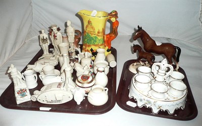 Lot 2 - Two trays of ceramics including miniature crested ware, Edwardian egg cruet, cow creamer and a Dick