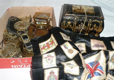 Lot 5 - Victorian papier mache tea caddy, quantity of horse brasses - mainly Royal Commemorative, brass...