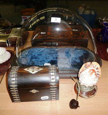 Lot 9 - A Victorian glass dome with ebonised plinth, a Victorian coromandel domed stationery casket and...