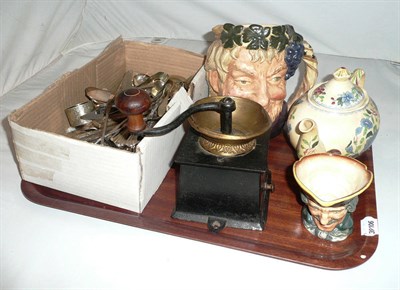 Lot 14 - A Royal Doulton Bacchus character jug, another, a coffee mill, a quantity of plated flatware...