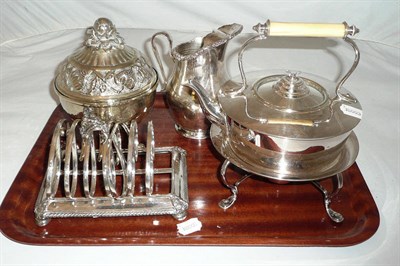 Lot 21 - Old Sheffield Plate toast rack (a.f.), a tea kettle and stand, bowl and cover and a milk jug