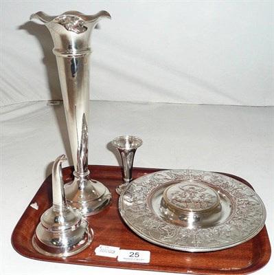 Lot 25 - Two silver trumpet vases (loaded), a modern silver wine funnel and an Elkington Plate inkstand (4)