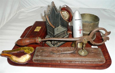 Lot 27 - Cased Sykes Hydrometer, cased Meerschaum pipe, two novelty money boxes, sugar cutter mounted on...