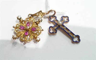 Lot 45 - A ruby and diamond pendant (a.f.) and an enamelled diamond and half pearl cross