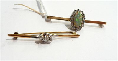 Lot 49 - An opal cluster bar brooch (cased) and a diamond three stone bar brooch (2)