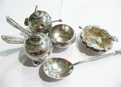 Lot 55 - A silver plated 'Curling' condiment set, pair silver salts and a plated spoon