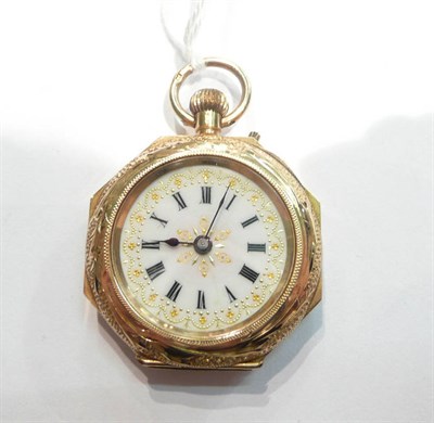 Lot 76 - A lady's enamel fob watch stamped '14k'