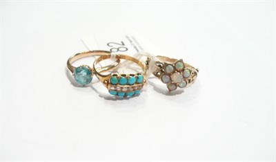 Lot 82 - Turquoise and diamond ring, an opal cluster ring and another ring