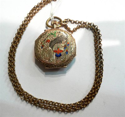 Lot 87 - A 9ct gold and enamel fob watch and plated chain