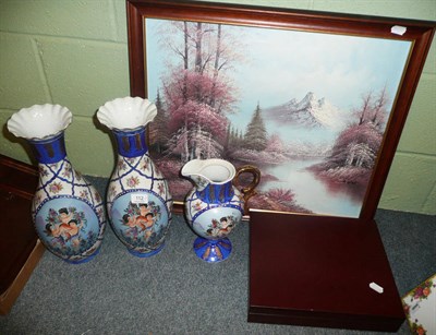 Lot 112 - Pair of reproduction vases, a ewer, a Viner's set of cutlery and a painting